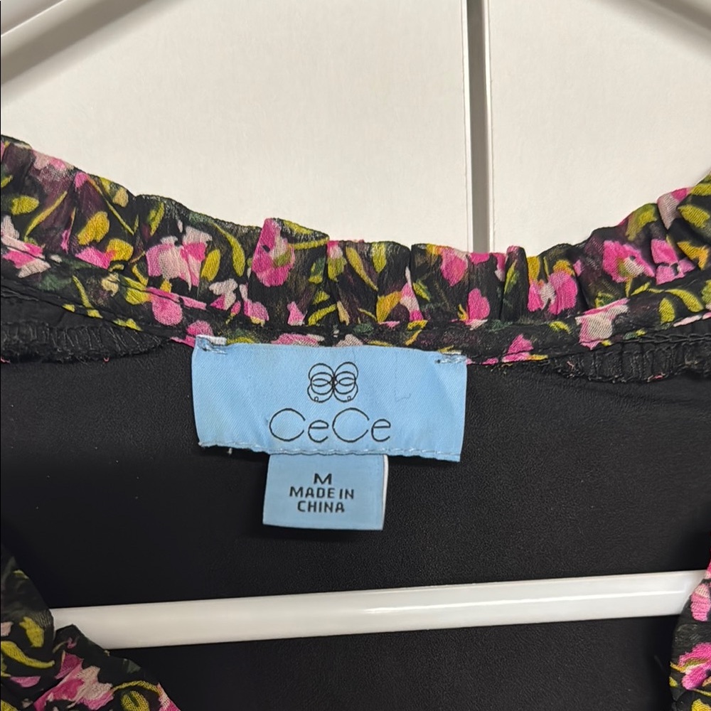 CeCe Black Floral V-Neck Blouse with Pink and Green Accents - Picture 2 of 4